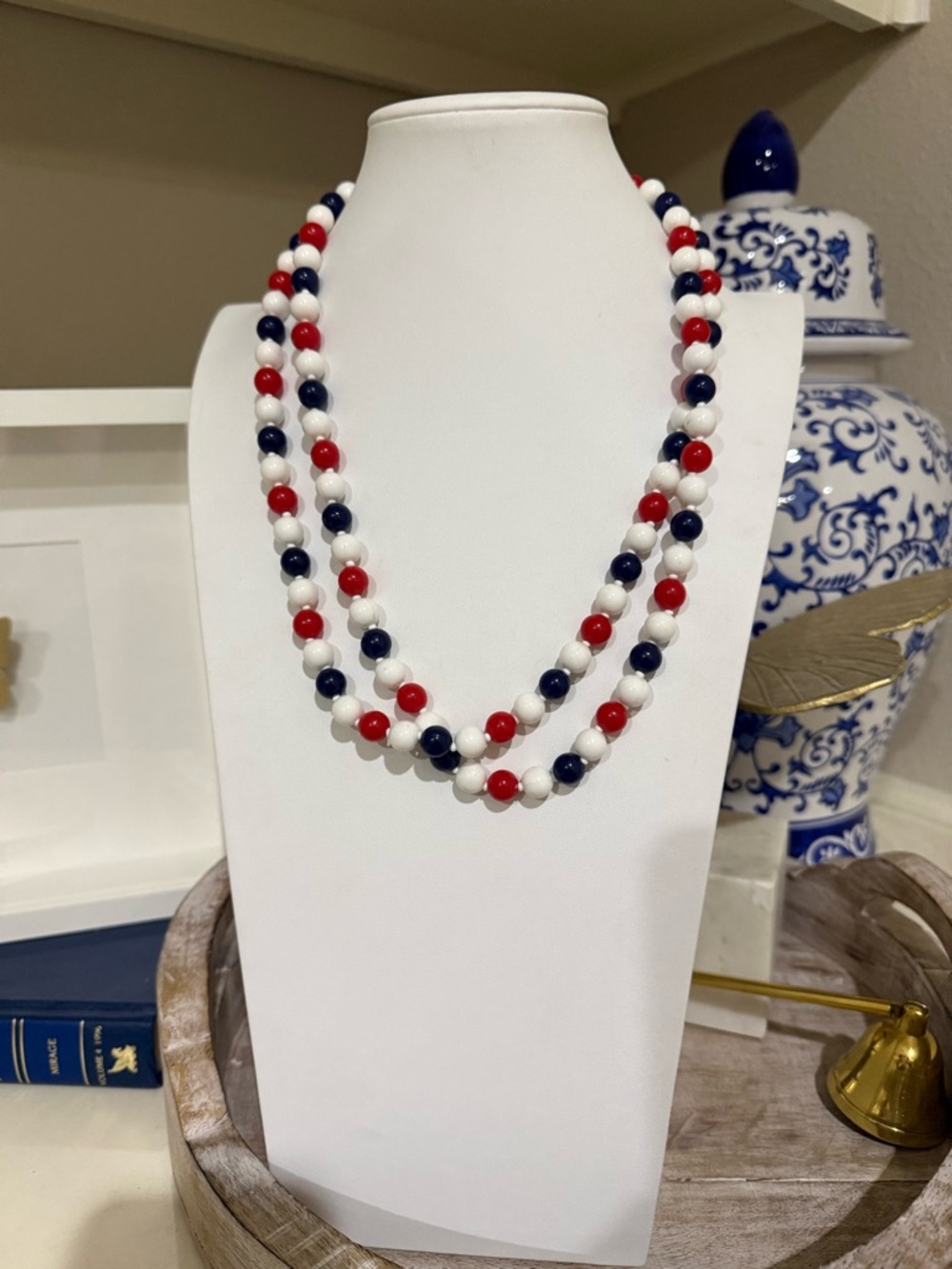 Extra Long Vintage Red White and Blue Beaded Necklace